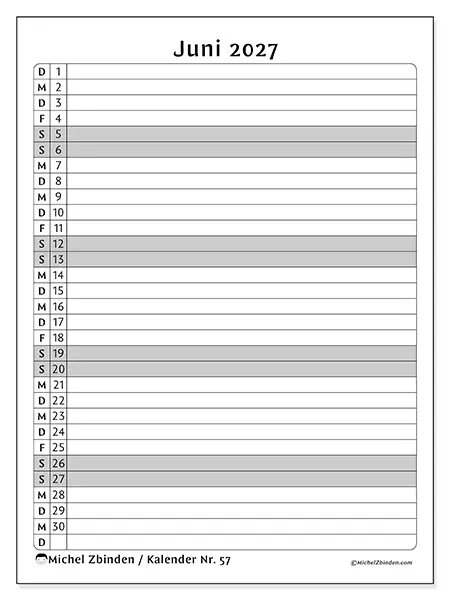 Kalender Juni 2027 zum Ausdrucken - Liste der Aktivitäten