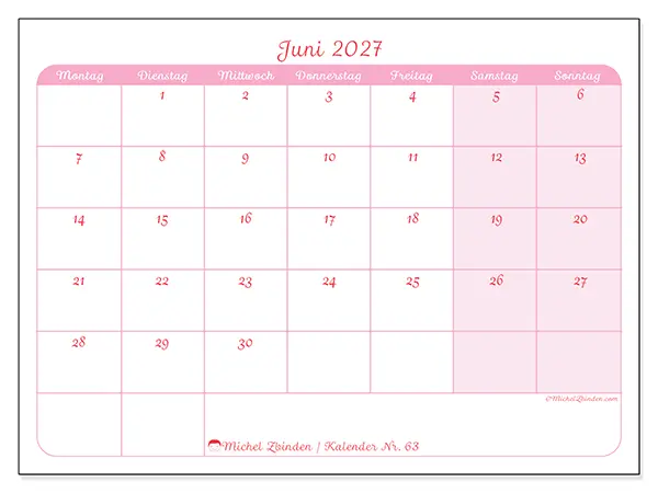 Kalender Juni 2027 zum Ausdrucken - Sanfte Planung