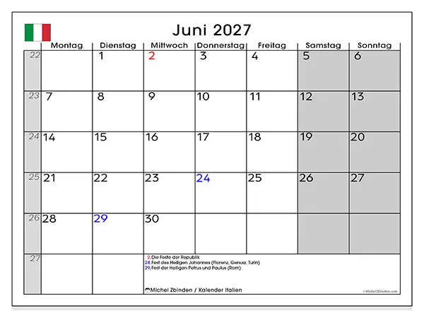Kalender Juni 2027 zum Ausdrucken - Italien