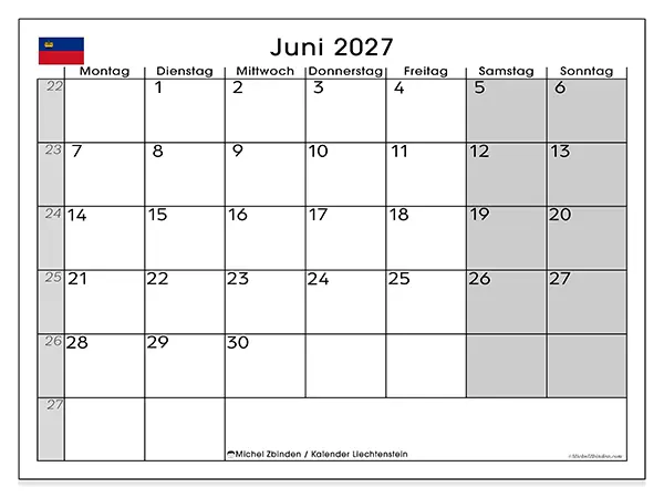 Kalender Juni 2027 zum Ausdrucken - Liechtenstein