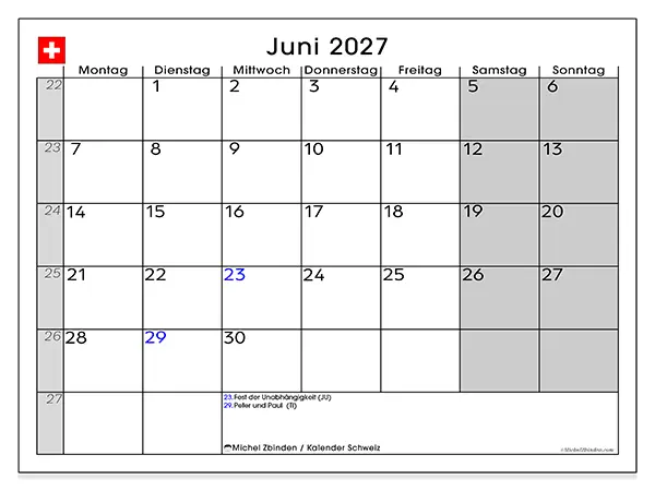 Kalender Juni 2027 zum Ausdrucken - Schweiz