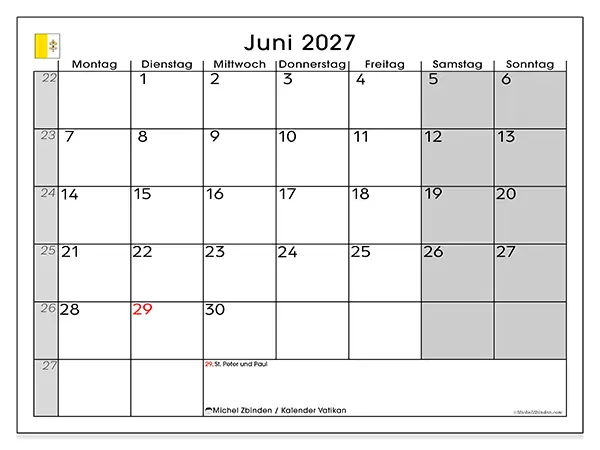 Kalender Juni 2027 zum Ausdrucken - Vatikan