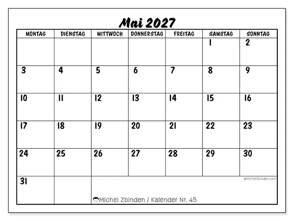 Kalender Mai 2027 zum Ausdrucken - Schulischer Erfolg