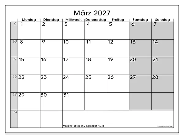 Kalender März 2027 zum Ausdrucken - Schlicht geplant