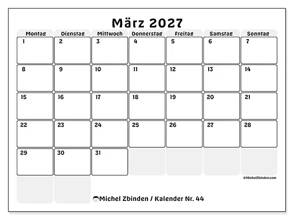 Kalender März 2027 zum Ausdrucken - Strukturierte Planung