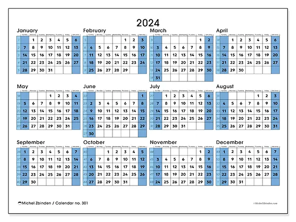 Free printable calendar no. 301 for 2024. Week: Sunday to Saturday.