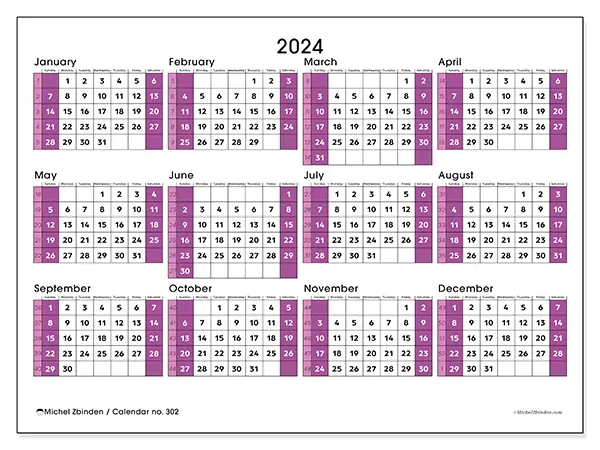 Free printable calendar no. 301 for 2024. Week: Sunday to Saturday.