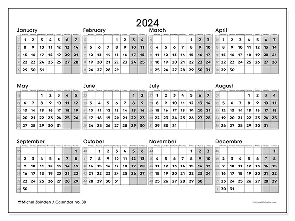 Free printable calendar no. 30 for 2024. Week: Monday to Sunday.