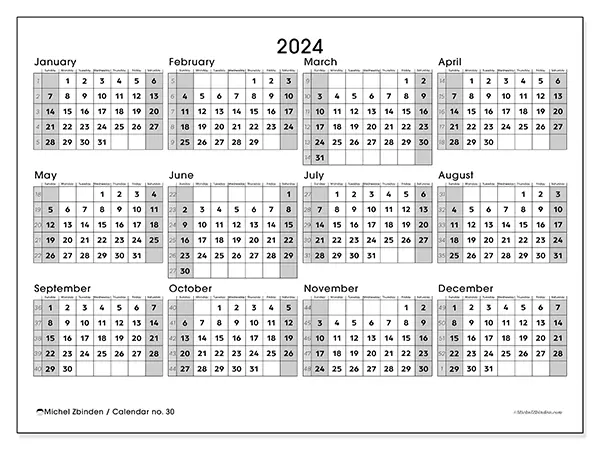 Free printable calendar no. 30 for 2024. Week: Sunday to Saturday.
