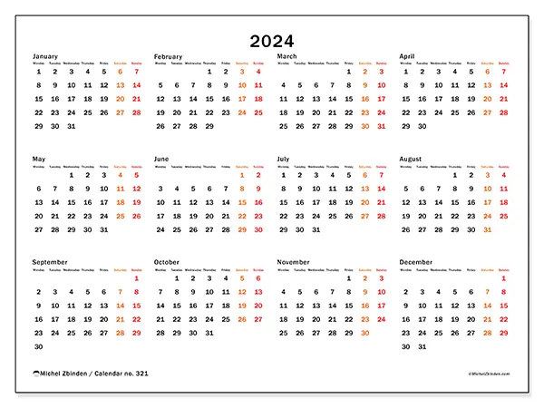 Free printable calendar no. 32 for 2024. Week: Monday to Sunday.
