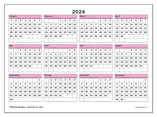 Free printable calendar no. 341 for 2024. Week: Monday to Sunday.