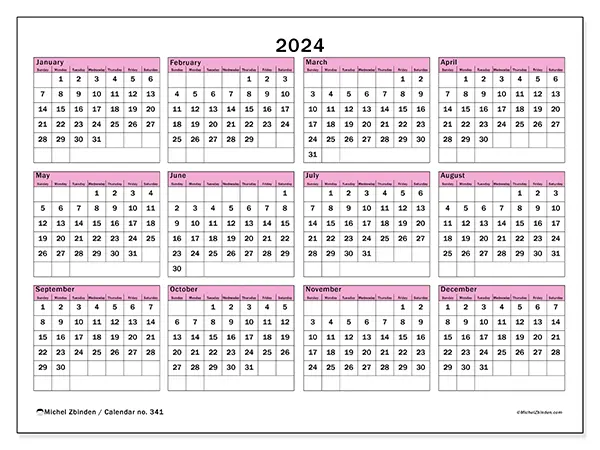 Free printable calendar no. 341 for 2024. Week: Sunday to Saturday.