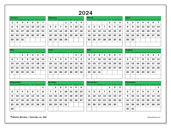 Free printable calendar no. 342 for 2024. Week: Monday to Sunday.