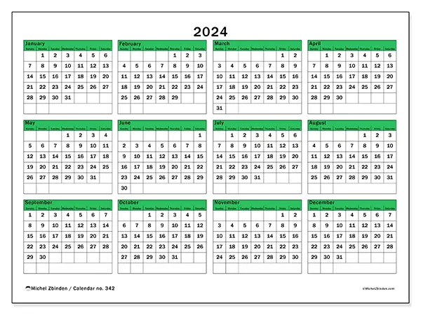 Free printable calendar no. 342 for 2024. Week: Sunday to Saturday.