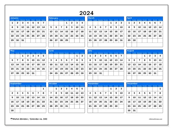 Free printable calendar no. 343 for 2024. Week: Monday to Sunday.