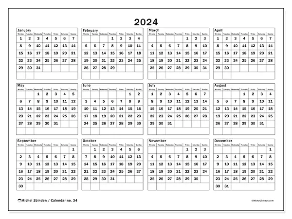 Free printable calendar no. 34 for 2024. Week: Monday to Sunday.