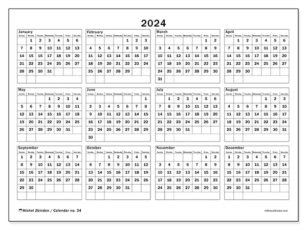 Free printable calendar no. 34 for 2024. Week: Sunday to Saturday.