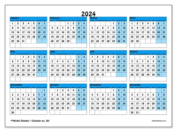 Free printable calendar no. 391 for 2024. Week: Monday to Sunday.