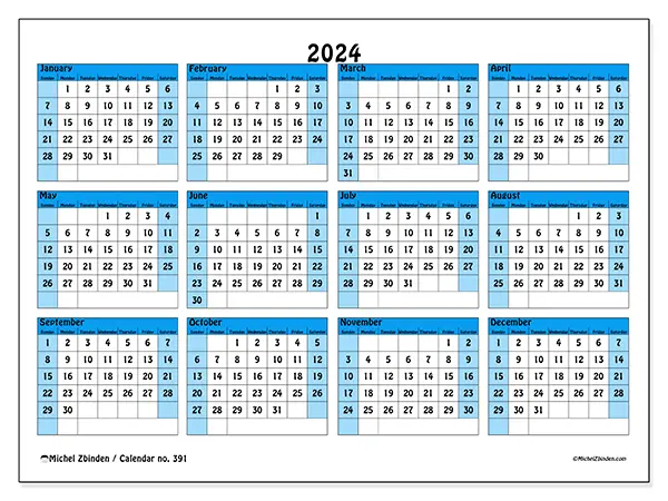 Free printable calendar no. 391 for 2024. Week: Sunday to Saturday.