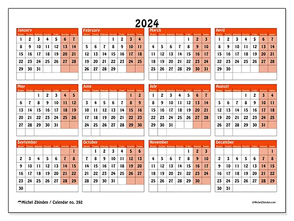 Free printable calendar no. 392 for 2024. Week: Monday to Sunday.