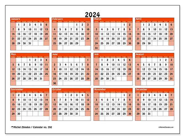 Free printable calendar no. 392 for 2024. Week: Sunday to Saturday.
