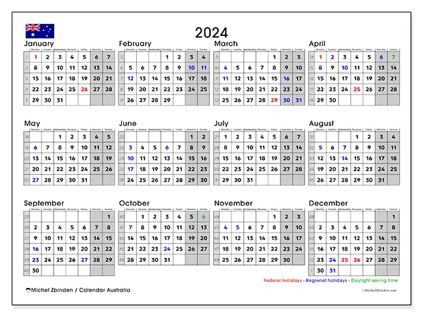 Free printable calendar Australia for 2024. Week: Monday to Sunday.