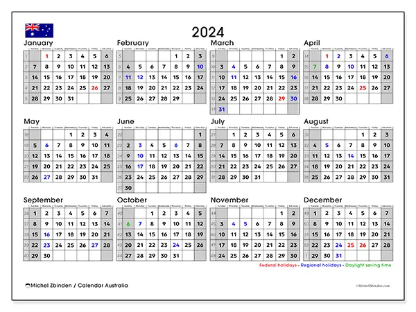 Free printable calendar Australia for 2024. Week: Sunday to Saturday.