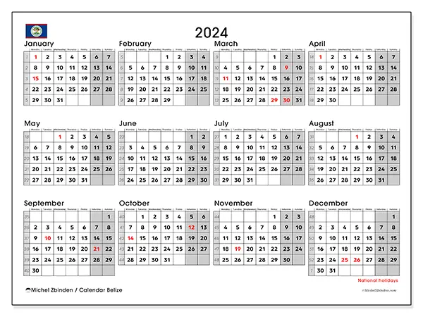 Free printable calendar Belize for 2024. Week: Monday to Sunday.
