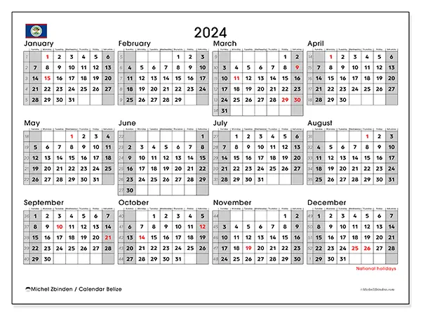 Free printable calendar Belize for 2024. Week: Sunday to Saturday.