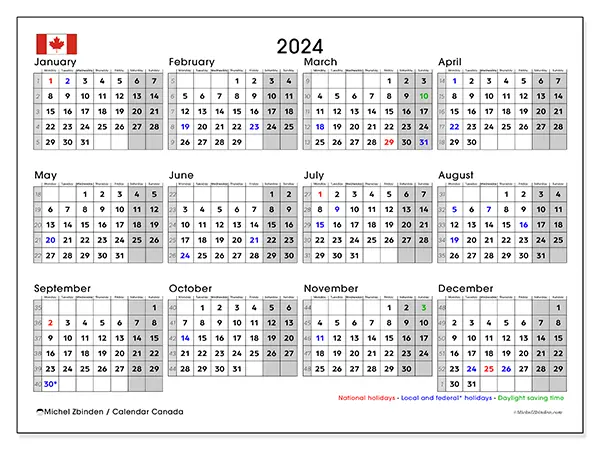 Free printable calendar Canada for 2024. Week: Monday to Sunday.
