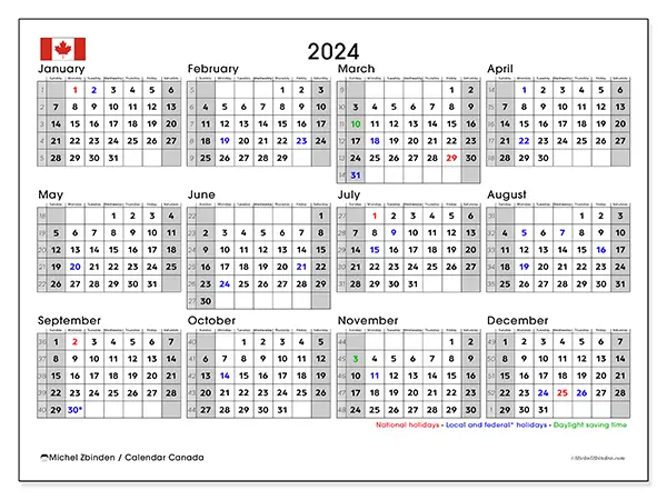 Free printable calendar Canada for 2024. Week: Sunday to Saturday.