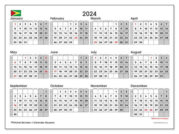 Free printable calendar Guyana for 2024. Week: Monday to Sunday.