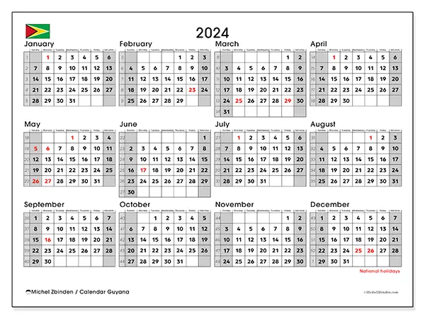 Free printable calendar Guyana for 2024. Week: Sunday to Saturday.