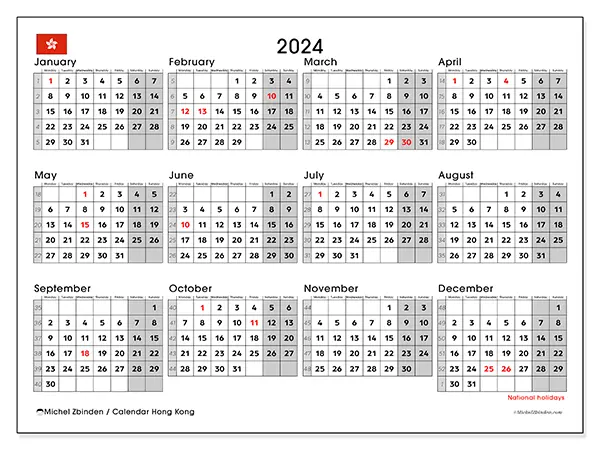 Free printable calendar Hong Kong for 2024. Week: Monday to Sunday.