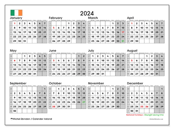 Free printable calendar Ireland for 2024. Week: Monday to Sunday.