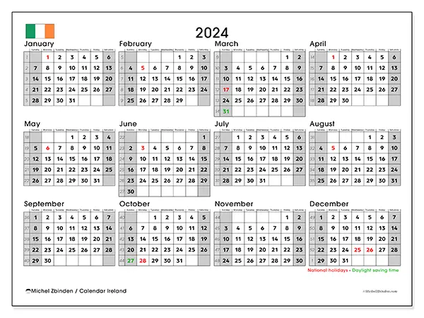 Free printable calendar Ireland for 2024. Week: Sunday to Saturday.