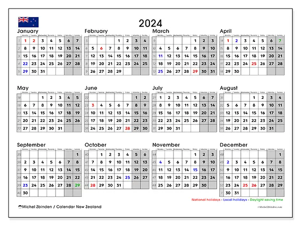Free printable calendar New Zealand for 2024. Week: Monday to Sunday.