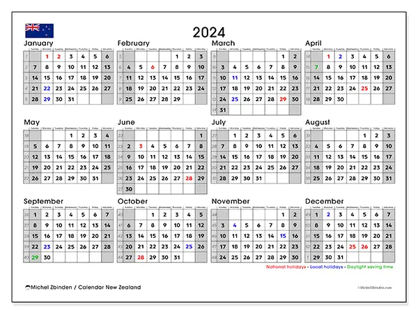 Free printable calendar New Zealand for 2024. Week: Sunday to Saturday.