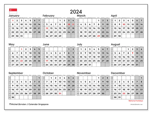 Free printable calendar Singapore for 2024. Week: Monday to Sunday.