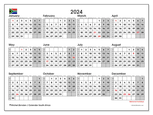 Printable calendar South Africa, 2024