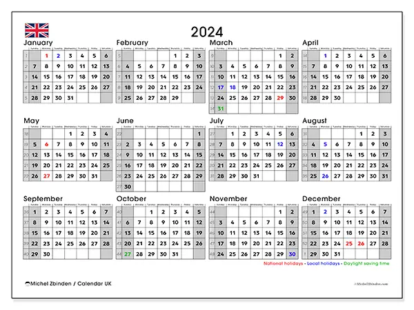 Free printable calendar UK for 2024. Week: Sunday to Saturday.