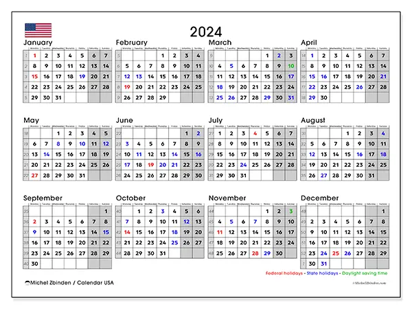 Free printable calendar USA for 2024. Week: Monday to Sunday.