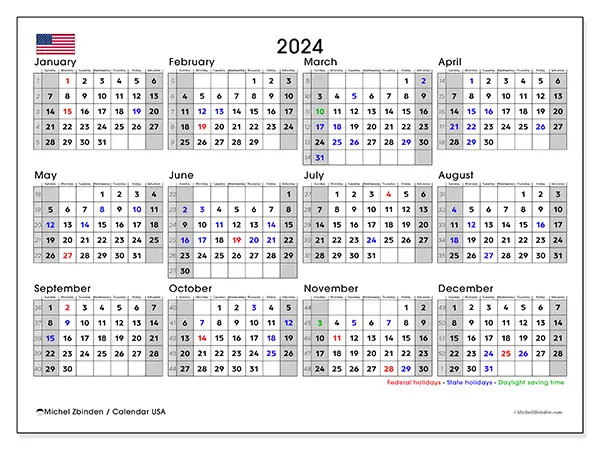 Free printable calendar USA for 2024. Week: Sunday to Saturday.