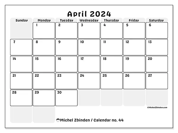 Free printable calendar n° 44 for April 2024. Week: Sunday to Saturday.