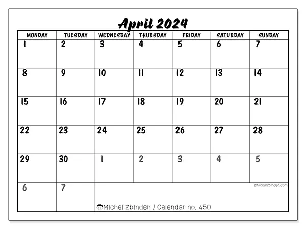 Free printable calendar n° 450, April 2025. Week:  Monday to Sunday