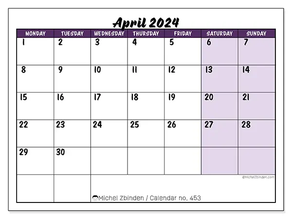 Free printable calendar n° 453, April 2025. Week:  Monday to Sunday