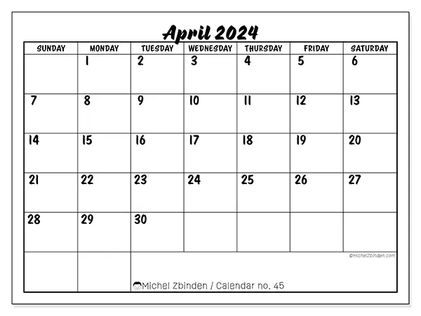 Free printable calendar n° 45 for April 2024. Week: Sunday to Saturday.