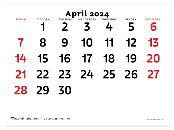Free printable calendar no. 46 for April 2024. Week: Sunday to Saturday.