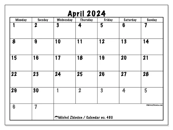 Free printable calendar no. 480, April 2025. Week:  Monday to Sunday