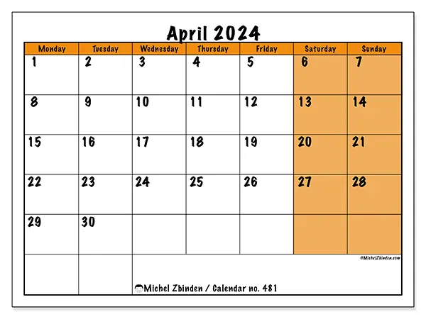 Free printable calendar no. 481 for April 2024. Week: Monday to Sunday.